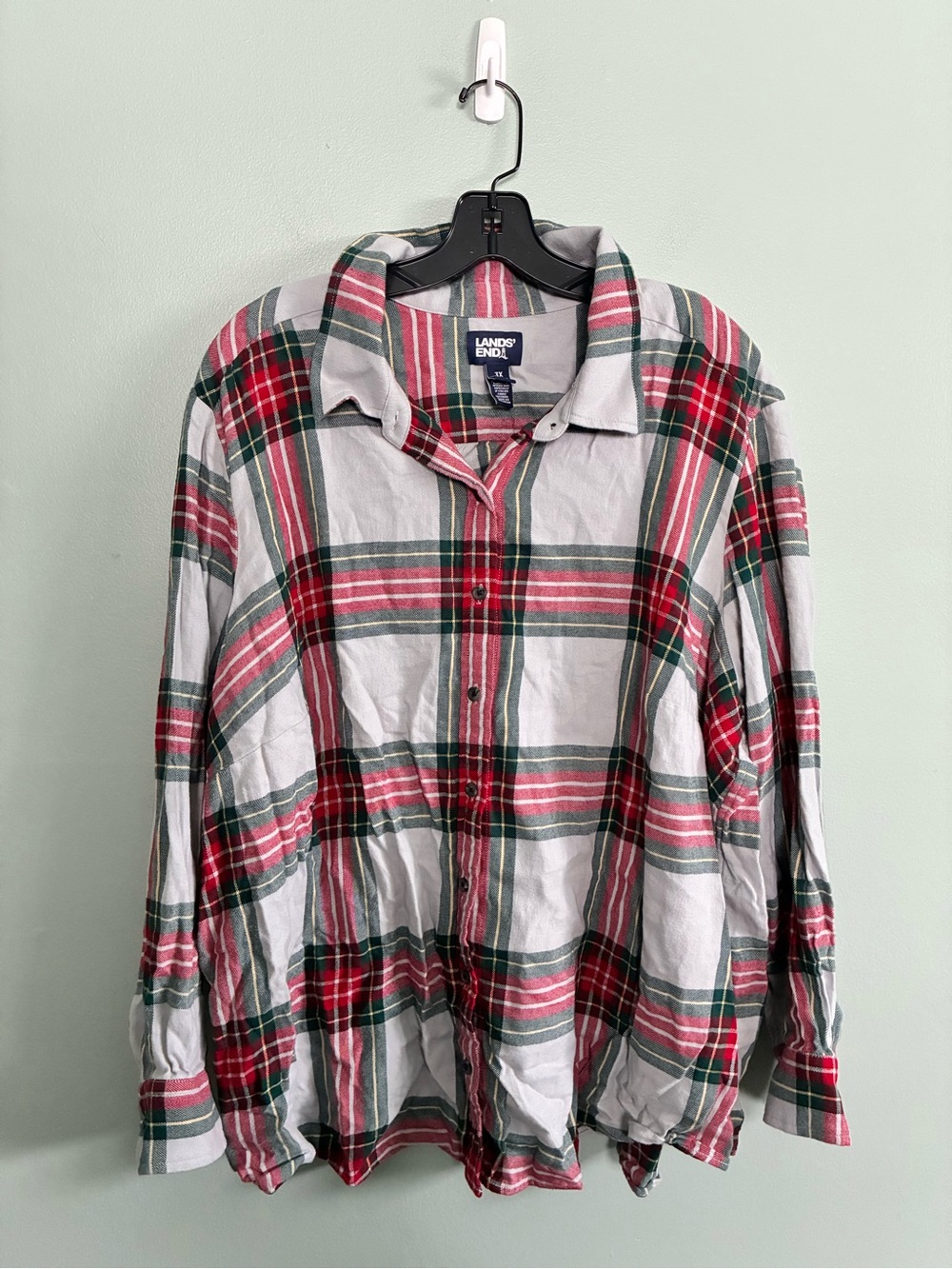 Lands End Flannel Boyfriend Shirt Womens 3X Plaid Cotton Christmas Holiday Red